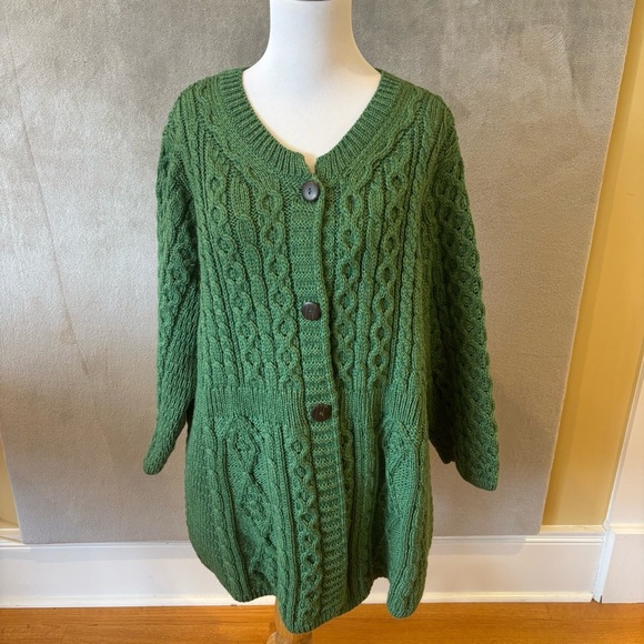 Kilronan Irish Knitwear Green Merino 100% Pure New Wool Cardigan Sweater Coat XL - Picture 1 of 6